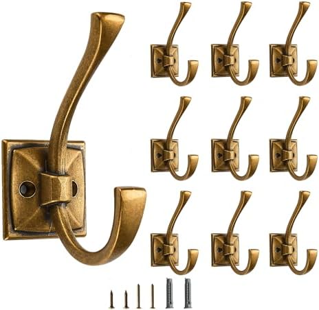 10 Pack Decorative Heavy Duty Towel Hooks for Hanging Robe Double Vintage Antique Brass Coat Hooks Wall Mounted with Screws for Key, Towel, Bags, Cup, Hat by CABDM