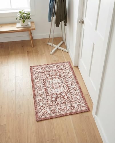 Rugs.com - Outdoor Aztec Rug – 2' x 3' 1 Rust Red Indoor/Outdoor Rug – Easy-Clean Flatweave for Patio, Porch, and Entryway by Rugscom