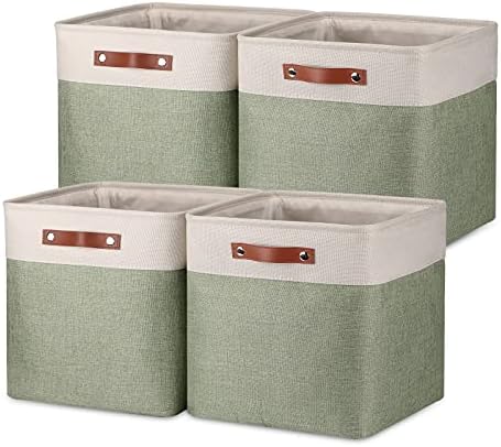 Temary Cube Storage Baskets for Shelves 4pack Fabric Storage Basket for Organizing Clothes, 13 Inch Storage Cubes with Leather Handles, Closet Baskets (White&Green) by TEMARY