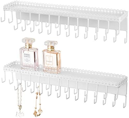 MyGift White Metal Wall-Mounted Jewelry Hanging Shelf with 26 Necklace Hooks, Set of 2 by MyGiftHome