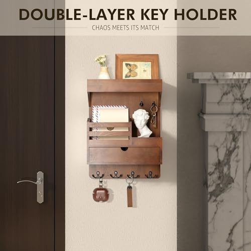Rebee Vision Key Holder Wall Mount with Drawer Organizer for Entryway,Brown - Image 4