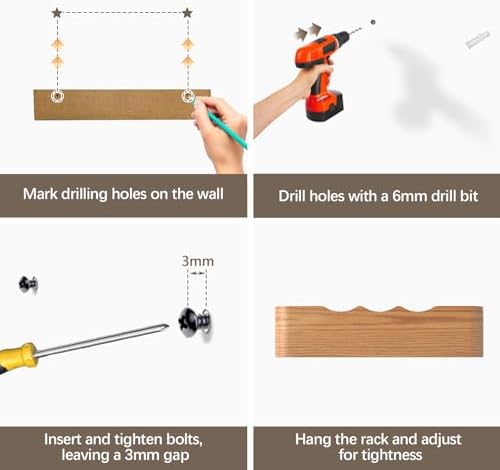 Coat Rack Wall Mount with Hidden Hooks, Wall Hooks with Shelf, Wall Key Holder Mount Wooden Shelf Entryway Hooks for Bedroom Bathroom for Hanging Coats Hats Bags Towels (Oak Wave-Shape, 5 Hooks) - Image 6