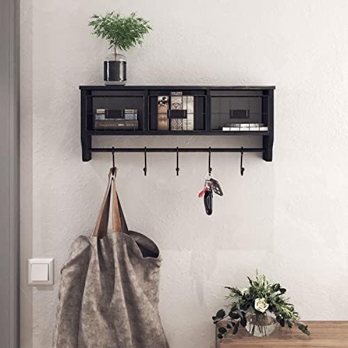 HBCY Creations Wall Mounted Shelf with Coat Hooks and Baskets, Solid Wood Entryway Organizer Wall Shelf with Hooks - Hang Coats, Keys or Coffee Mugs, Rustic Blackwash 24" Wide by HBCYCreations