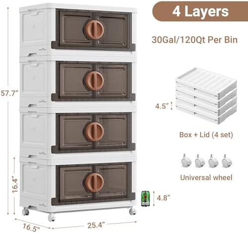 BROVIEW 480Qt Lockable Stackable Storage Bins with Lids, Closet Organizers and Storage Drawer, Collapsible Storage Bin with Wheels, Plastic Cabinet for Toy Clothes Dorm Organizer, V9 4 Pack Brown - Image 2