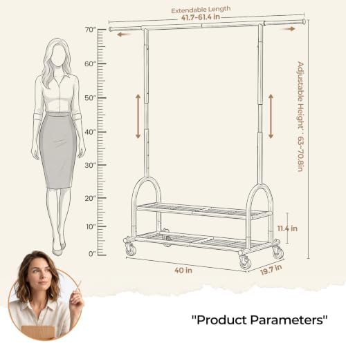 Heavy Duty Metal Clothes Rack Load 586 LBS, Height‑Adjustable Rolling Garment Rack for Hanging Clothes, Sturdy Wheel Clothing Rack with 2 Shelves, Portable Closet Wardrobe Organizer Rack, Silver - Image 3