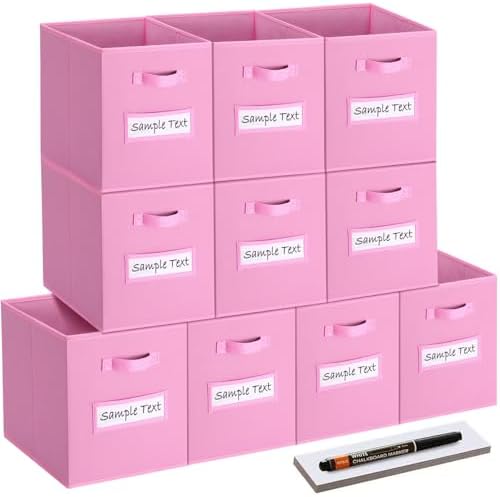 11x11 storage cube bins (Set of 10) Foldable Fabric storage cubes with 10 Labels Window Cards & a Pen,11 inch cube storage bin,Closet Organizers for Shelves,Cubby Organizer Boxes,Light Pink by Artsdi