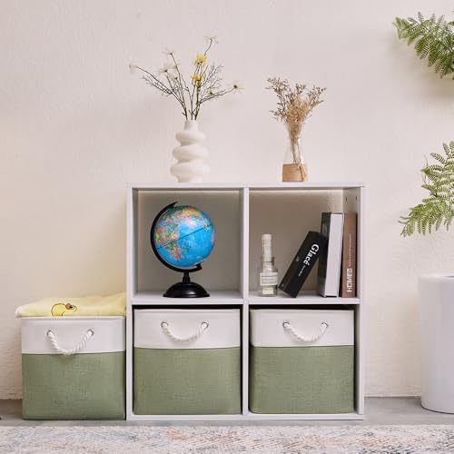 Fabric Storage Cubes 13 x 13, Collapsible Storage Bins for Shelf Baskets, Cube Storage Organizer White Green Bins with Cotton Handles, Foldable Storage Bin box, Cube Storage Bin 6 Pack - Image 5