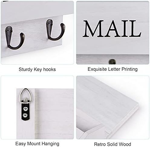 DLQuarts Solid Wood Mail Organizer with Key Holder for Wall, Mail Sorter Wall Mounted, Decorative Wooden Key and Mail Holder with 3 Hooks, Soft White - Image 4
