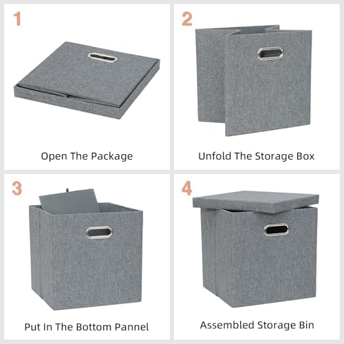 Storage Bins with Lids, Linen Fabric Boxes Organizer Containers with Lid Foldable Storage Box Basket for Closet, Shelves, Home, Office, 12 x 12 x 12 Inch, 4 Pack, Dark Gray, AG3006-7 - Image 3