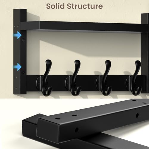 35'' Black Coat Rack Wall Mount with Shelf, Solid Wood Coat and Key Hanger with 13 Metal Hooks, Farmhouse Wall Organizer for Mail, Entryway Wall Hangers for Hats, Clothes, Backpacks - Image 7