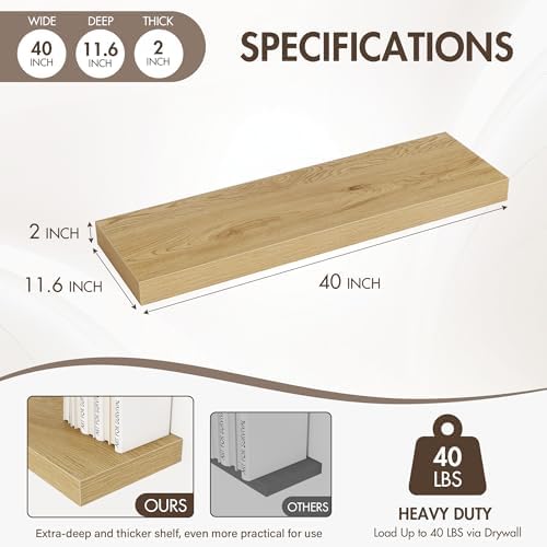 Acovy 40 Inch Floating Shelves, 12" Deep Floating Shelf Wall Mounted, 40" Wall Shelves, Rustic Deep Bookshelf, Extra Deeper & Thicker Display Shelves for Bedroom, Living Room, Oak, Set of 2 - Image 4