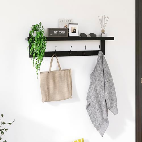 SMIBUY Coat Hooks with Shelf Wall-Mounted, 29.2 Inch Entryway Coat Rack for Wall, Bamboo Hanging Shelf with 5 Double Metal Hooks for Bathroom, Bedroom, Kitchen, Living Room, Mudroom (Black) - Image 6