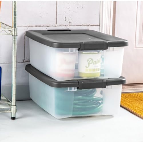 Sterilite 25 Qt ShelfTote, Stackable Storage Bin with Latching Lid, Plastic Container to Organize Closet Shelves, Clear Base and Gray Lid, 6-Pack - Image 6