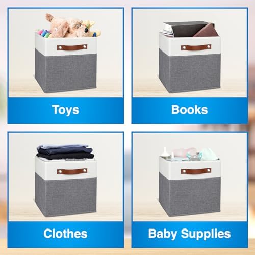 13x13 Storage Cubes - 6 Pack - Linen Fabric 13 Inch Cube Storage Bins for Bedroom, Living Room, Clothes and Toys; Foldable, Dual Leather Handles - Image 5