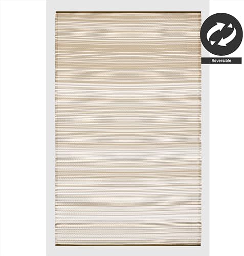 FH Home Outdoor Rug - Waterproof, Fade Resistant, Reversible - Premium Recycled Plastic - Striped - Patio, Deck, Porch, Balcony - Havana - Beige Crease Free - 5 x 8 ft - Image 5
