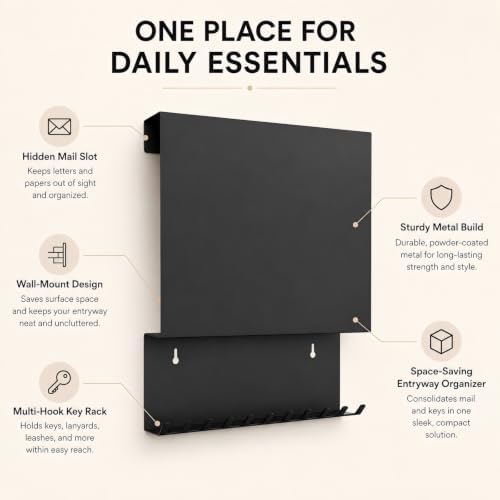Wall Mounted Key Holder and Mail Organizer with 11 Hooks and 4 Pins,Black - Image 6