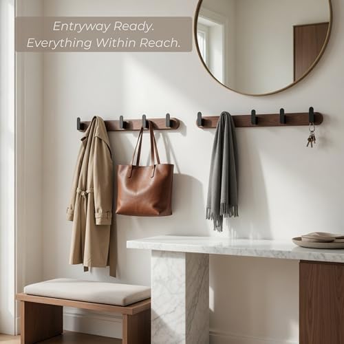 Jugen Coat Rack Wall Mount – Solid Black Walnut with 5 Heavy Duty Matte Black Hooks, Wooden Wall Coat Rack for Entryway, Coats, Hats & Bags - 19.7in, No Drill Adhesive or Hidden Screw Mount (2) - Image 2