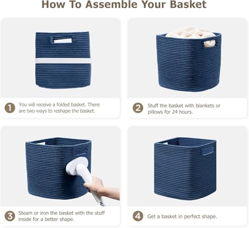 UBBCARE Set of 4 Cotton Rope Basket 12 X 12 X 12 Inches, Woven Storage Baskets for Shelves, Organizing with Handles, Cube Storage Bins for Storage Books, Magazines, Navy Blue - Image 7
