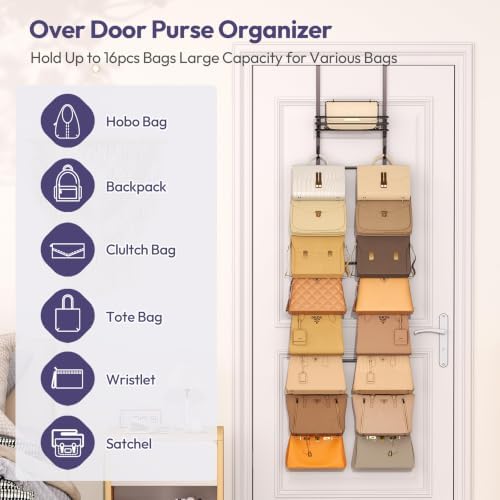 SWTYMIKI Over the Door Purse Organizer - Wall Mounted Handbag Organizer with 16 Hooks and Metal Basket, Hanging Purse Storage Rack Holds up to 16 Bags, Bag Rack Can Use As 1/2 Part, for Door, Closet - Image 2