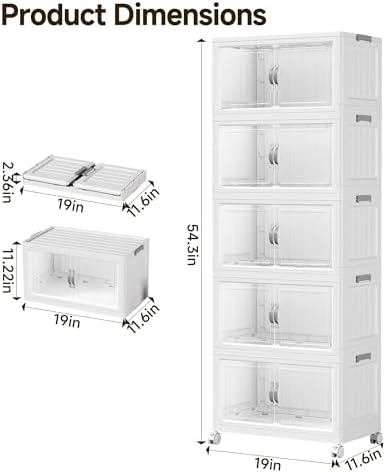 Hanyi 175 QT Stackable Storage Bins with Lids, 5 Tier Collapsible Plastic Storage Cabinet with Magnetic Doors, Removable Top Lid, Locking Wheels, Closet Organizer for Bedroom, Pantry, Office - Image 2