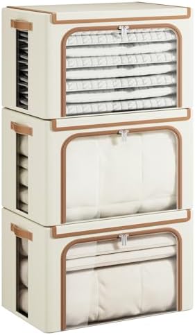 Yecaye Foldable Large Clothes Storage Bins with Lid, Beige, 66L, 3 Pack by Yecaye