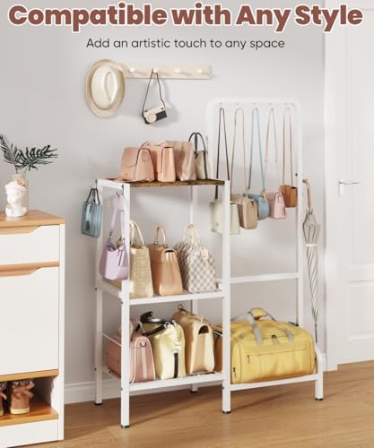 Floor-Standing 3-Tier Purse Organizer, High-Capacity Bag Holder with 8 Hooks, Multi-Functional Purse Rack for Various Bags, Handbag Display Stand Shelf for Closet, Bedroom, Entryway, White - Image 6