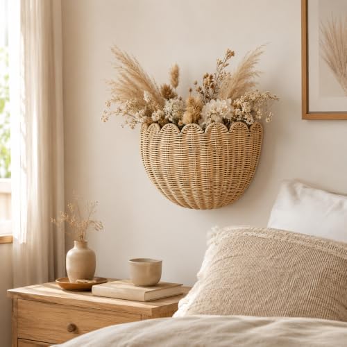 Set of 2 Scalloped Hanging Wicker Baskets for Wall, Scalloped Home Decor, Hanging Woven Rattan Wall Basket for Flowers Front Door Bathroom Storage (Imitation Rattan) - Image 6