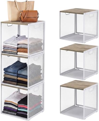 AceOrbit 3 Pcs Widened Stackable Closet Organizers and Storage with Wood Foldable Top Metal Cube Closet Shelf DIY Space Saving Linen Clothes Shoe Bed Sheet Bin for Wardrobe Bedroom(12"x12"x12", Light) by Unknown