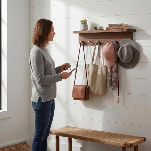 Lewtemi Wall Mount Coat Rack with Shelf 24.5" Scalloped Walnut with 6 Hooks - Image 6