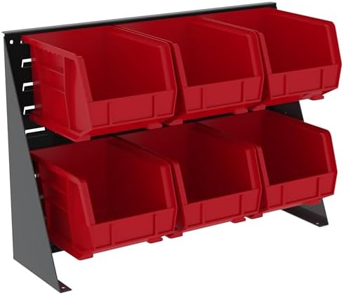 Akro-Mils 28"x8"x20" Steel Louvered Panel Work Bench Storage Rack with 6-Pack of 11 x8 x7 AkroBins Stackable Plastic Storage Bins (Black), Organization Bundle for Garage, Workshop, Classroom - Image 2