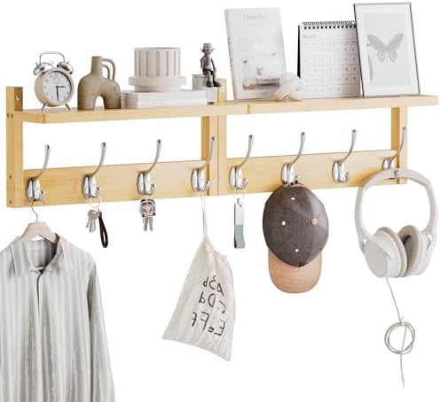 STELLSTAR Coat Rack with Shelf, 2 Pack Bamboo Wall-Mounted Coat Hanger with 8 Hooks for Entryway, Hallway, Kitchen, Bathroom, Living Room, Utility Room (Natural) by STELLSTAR