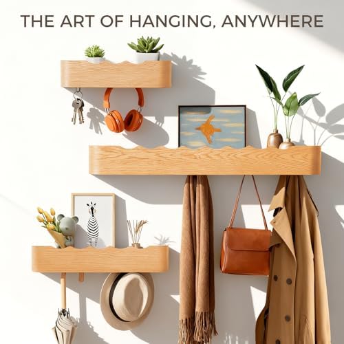 Coat Rack Wall Mount with Shelf Entryway Shelf Modern Key Holder Hanger Wall Shelves with Hidden Hooks for Hanging Towels Coats Hats Bags for Hallway Bathroom Bedroom (Wavy Oak, 8 Hooks) - Image 3