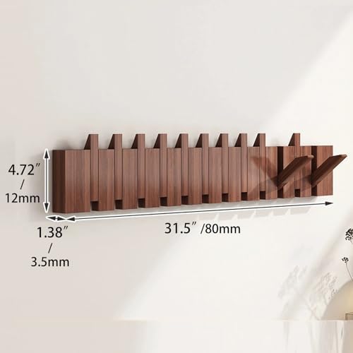 Coat Rack Wall Mount, Wooden Coat Rack, Piano Key Coat Rack, 12 Hooks Flip Down Wall Hook Rack, Walnut - Image 2