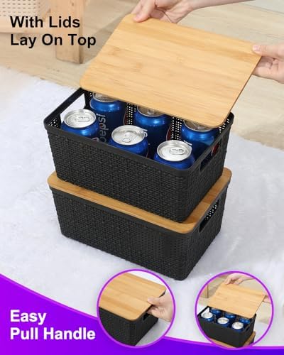 EOENVIVS Storage Bins with Lids 6 Packs, Plastic Storage Baskets with Bamboo Lids-Stackable Storage Containers for Shelves Drawers Desktop Closet Pantry Playroom Classroom Office, Black - Image 3