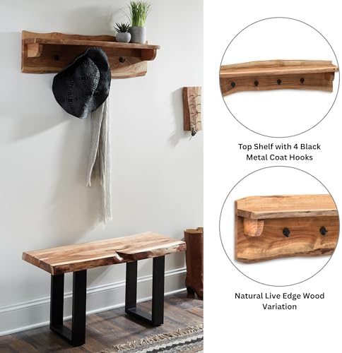 Alaterre Furniture Alpine Natural Live Edge Wood Coat Rack – 36" Solid Wood Wall-Mounted Coat Hook with Top Shelf & 4 Hooks – Modern Farmhouse Storage Organization for Entryway, Hallway, or Mudroom - Image 3