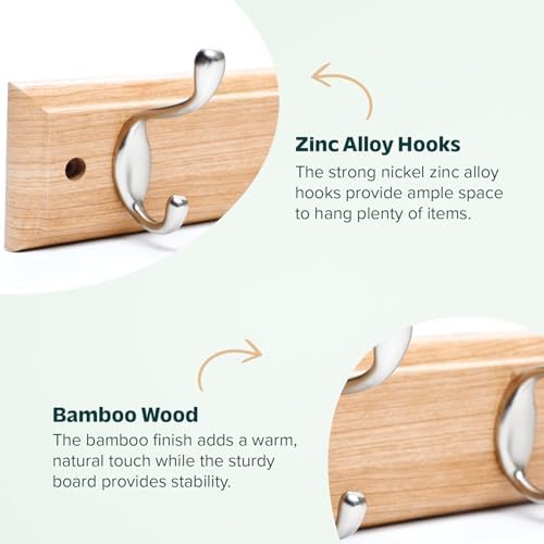 Coat Hooks Wall-Mounted | Bamboo Coat Rack with 4 Triple Zinc Alloy Hooks to Hang Hats, Jackets, Bags, Keys, Towels & More (4 Double Hook Deluxe, Pack of 1) - Image 3
