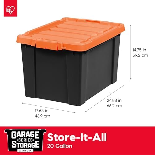 IRIS USA 20 Gallon Lockable Storage Bins with Lids, 4 Pack - Made in USA, Heavy Duty, Stackable Containers, Garage Organizing Bins Moving Tubs, Rugged Sturdy Equipment Utility Box - Black/Orange - Image 2