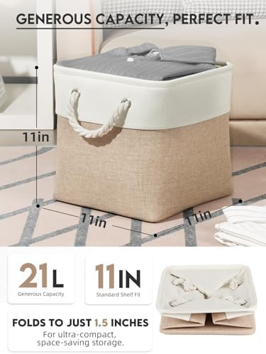 Temary 6-Pack Cube Storage Bins, 11 Inch Foldable Fabric Storage Cubes with Cotton Rope Handles, Sturdy Linen Organizer Baskets with Metal Frame for Shelves, Closet, Nursery (White&Khaki) - Image 2