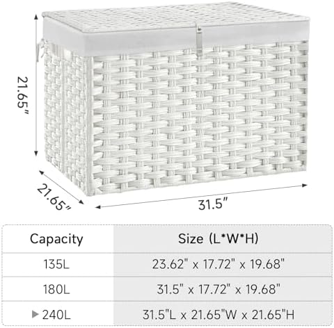 240L Wicker Storage Basket with Lid, Handwoven Rattan Large Shelf Basket with Removable Liner, 63.5 Gallon Wicker Basket for Blanket, Storage Trunk with Handle for Closet, Bedroom, Livingroom, White - Image 4