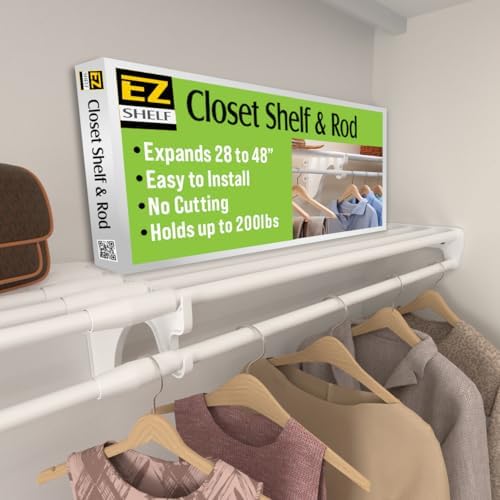 EZ SHELF Closet Shelf with Hanging Rod - 28-48” Expandable, White, Closet Shelves - Strong, Holds 200 lbs - DIY, Easy Install to 2 Side Walls - Alternative to Wire Shelving by EZSHELF