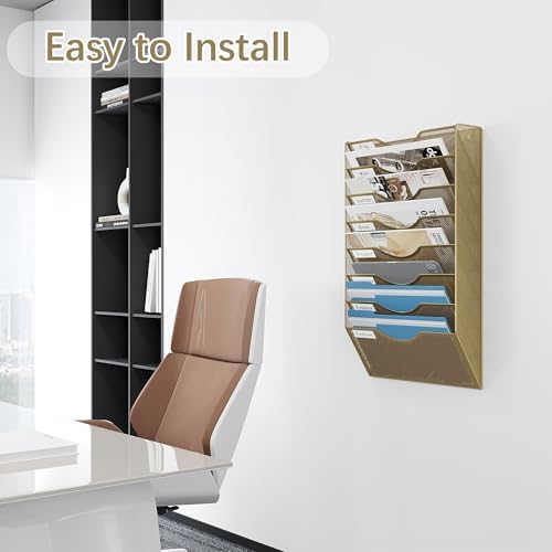 EasyPAG 8 Pocket Mesh Wall File Organizer, Hanging Paper Folder Holder with Classify Label, Vertical Wall Mount Mail Organizer for Office Home Classroom, Gold - Image 4