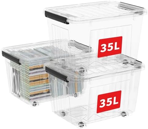 Cetomo 40Qt*3 Plastic Storage Bins, Storage Box, 3 Pack, Organizing Container with Wheels, Durable Lids and Secure Latching Buckles, Stackable and Nestable, Clear with Black Buckle by Cetomo