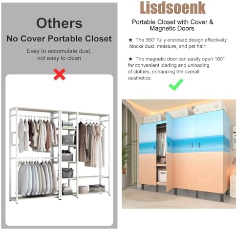 Heavy Duty Clothes Rack with Cover & Magnetic Doors, 1500lb Portable Wardrobe Closet - Foldable Garment Rack for Bedroom, Large Storage for Hanginng Dresses Jackets (Beach Blue, 49.2IN) - Image 6