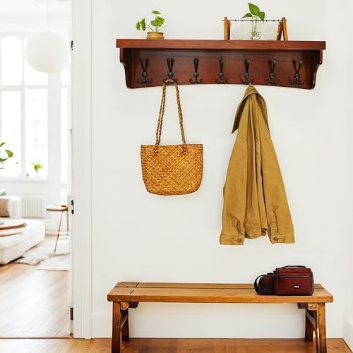 WEBI Wall Shelf with Hooks Underneath,35" Long Coat Rack Wall Mount with Shelf,Entryway Coat Rack with 7 Triple Hooks for Hanging Coats,Jacket,Bathroom,Cherry - Image 2