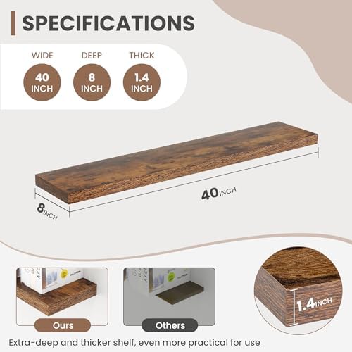 Acovy 40 Inch Floating Shelves, 8 Inch Deep Floating Shelves for Wall, Hanging Shelf with Invisible Brackets, Deep Shelves for Bathroom, Bedroom, Living Room, Brown, Set of 2 - Image 3