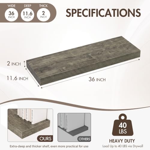 Acovy 36 Inch Floating Shelves, 12" Deep Floating Shelf Wall Mounted, 36" Wall Shelves, Rustic Deep Bookshelf, Extra Deeper & Thicker Display Shelves for Bedroom, Living Room, Set of 2 - Image 3