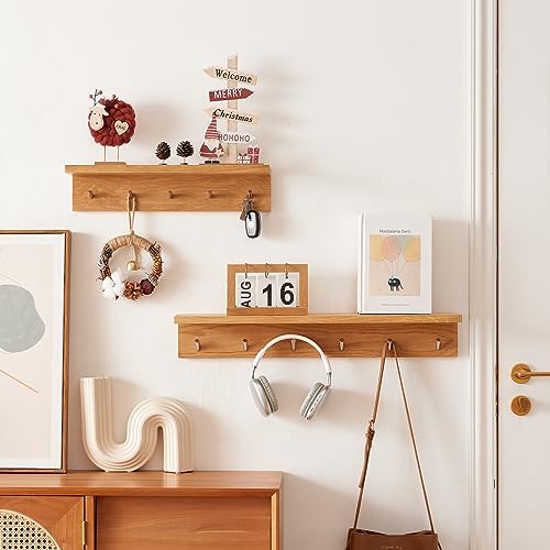 Oak Wood Coat Rack Wall Mount With Shelf 27.5 Inch Long, Entryway Floating Shelf With 6 Hooks for Bathroom, Hallway, Living Room - Image 3