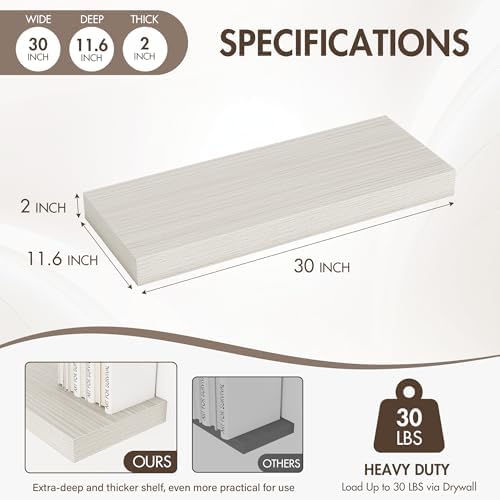 Acovy 30 Inch Floating Shelves, 12" Deep Floating Shelf Wall Mounted, 30" Wall Shelves, Rustic Deep Bookshelf, Extra Deeper & Thicker Display Shelves for Bedroom, Living Room, Gray, Set of 2 - Image 4