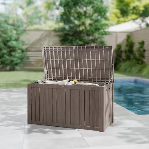 180 Gallon Deck Boxes Outdoor Waterproof, Outdoor Storage Box with Lockable Lid & UV-Resistant for Patio Furniture, Outdoor Cushions, Garden Tools and Pool Supplies, Light Brown - Image 6