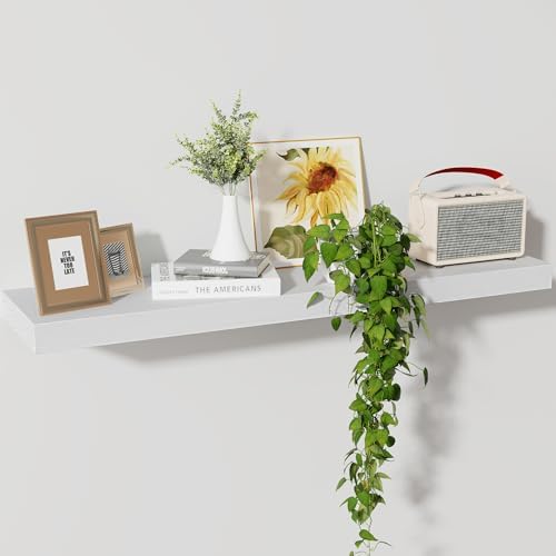 Axeman Floating Shelves, 8 Inch Deep Rustic Solid Wood Wall Shelves for Storage, Wall Mounted Display Shelving with Invisible Heavy-Duty Metal Bracket, 36" W x 8" D x 1.6" H, Distressed White by Axeman